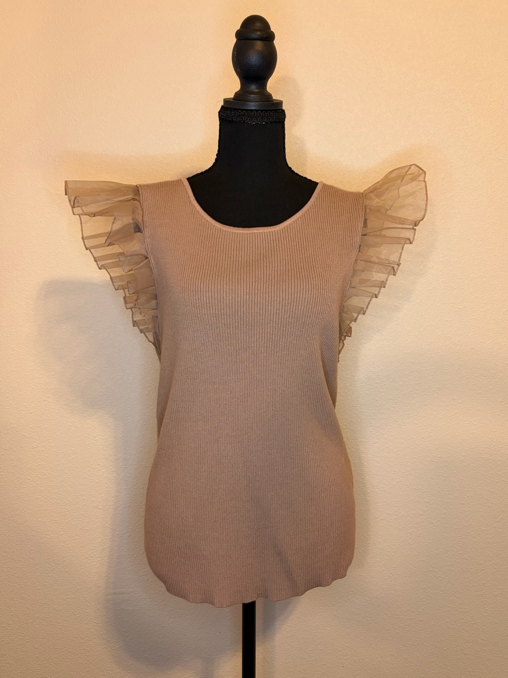 By Anthropologie Soft Brown Ribbed Sheer Ruffle Sleeve Top XL